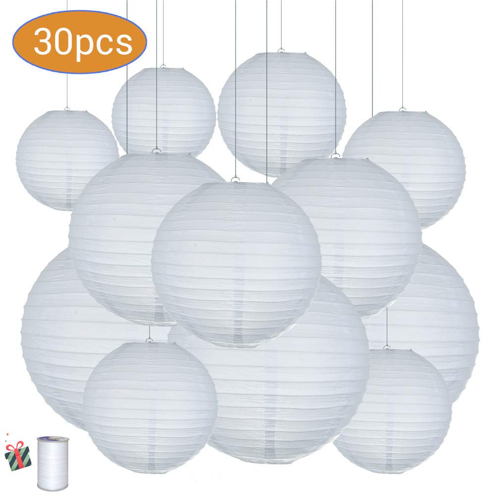 Chinese Round Paper Lanterns, Morbuy 30pcs Unicorn Theme Lamp Shades Garland for Xmas Festival Wedding Baby Shower Birthday Party Indoor Outdoor Decorative (30 Pieces,White)