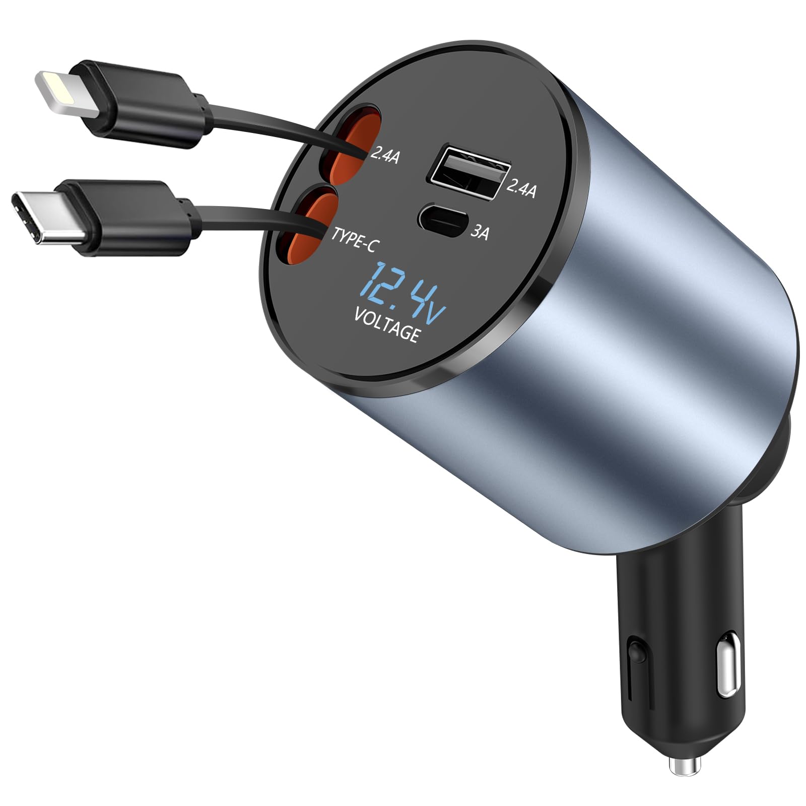 Chargeur Voiture Rétractable 4 En 1 - 120W, USB-C + Lightning, Lumière Étoilée, Pour 12V/24V