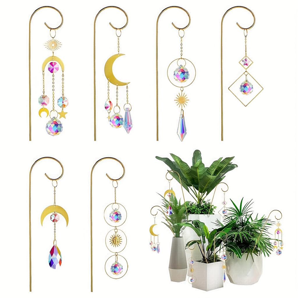 ORTIZA® 6 Piece Golden Plant Stake Sun Catcher Hanging Ornament Set, Crystal Prism Rainbow Light Catcher for Indoor Plants, Boho Celestial Garden Decor Hanging Planter Pot Decorative Stakes-image-38