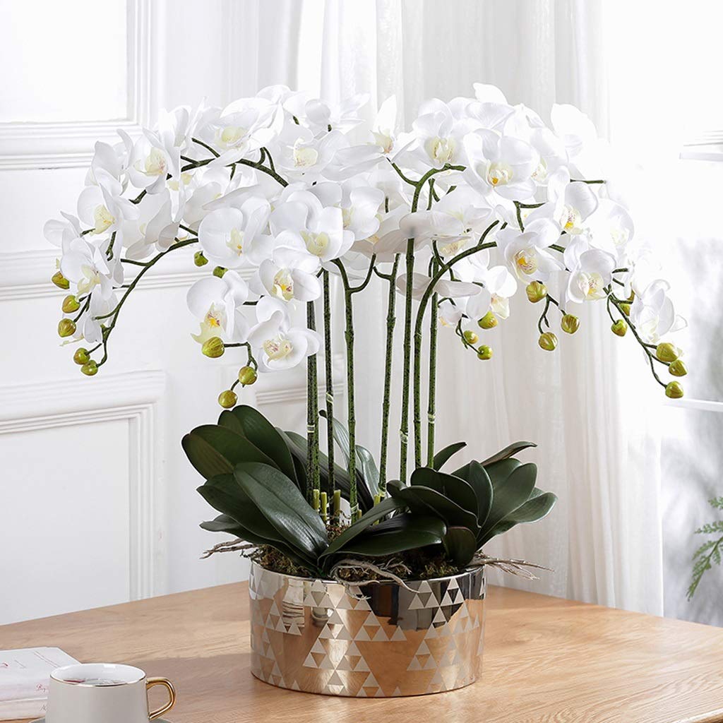 Orchidée Artificielle En Soie Dans Pot - Bonsaï Décoratif Blanc - Hauteur 35 Cm - Pour Salon, Bureau, Cuisine - Sans Entretien