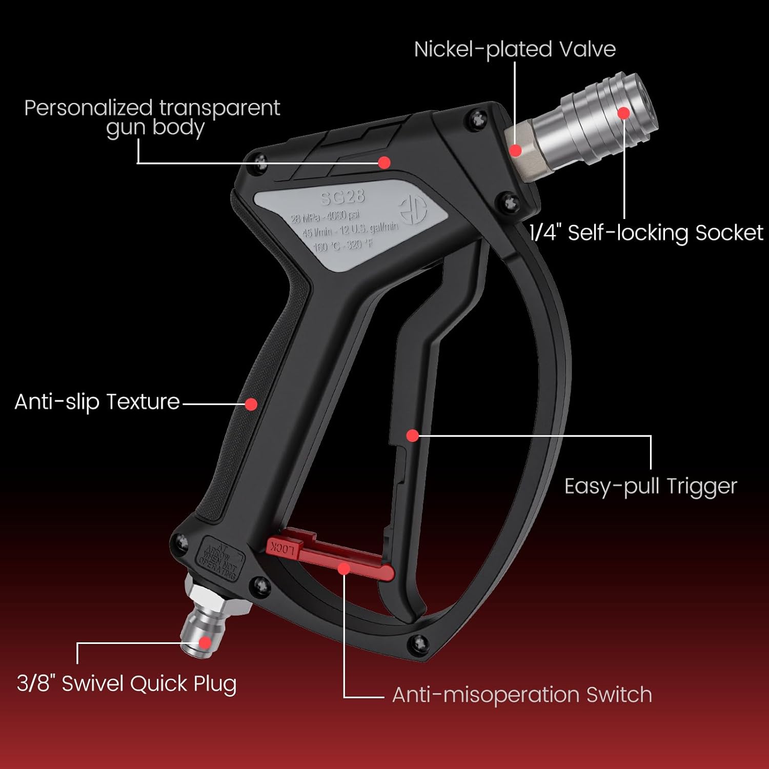 Short Pressure Washer Gun, Swivel Power Washer Gun 4060 PSI, Stubby Pressure Washer Gun with 3/8" Smooth & 1/4" Quick Connector Coupler Compatible with Hose Foam Cannon Car Wash Foam Gun（Black Grey）