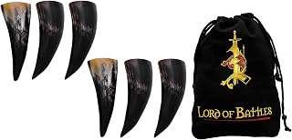 Lord of Battles Medieval Viking Drinking Horns Set of 3 to 6 Pieces Genuine Ox Horn Norseman Drinking Vessel for Ale Mead for Men and Women (Plain Horn, 80-100 ML)