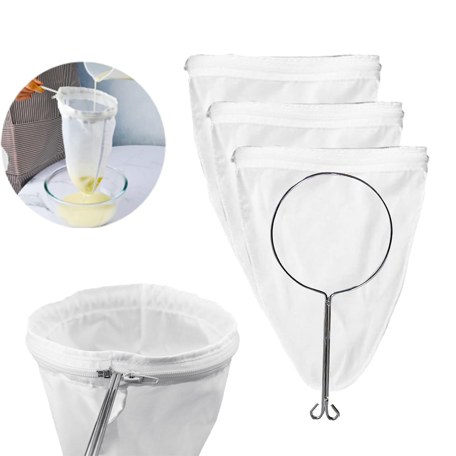 3PCS Reusable Mesh Filter Bags with 1PCS Stainless Steel Handle Frame - Suitable for Nut Milk, Coffee, Butter, and More - Easy to Use and Clean - Enhance Your Culinary Experience Today!