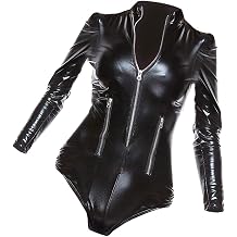 Esquirla Ladies Leather Bodysuit with Sleeve PVC Turtle Neck Zip Jumpsuit