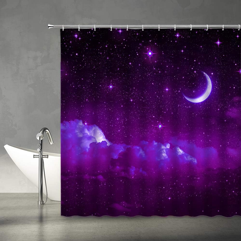 AMFD Moon Starry Shower Curtain Fantasy Night Sky Cloud Galaxy Romantic Starry Black Purple Bathroom Curtains Decor Polyester Fabric Include Hooks(70" Wx74.8 H)