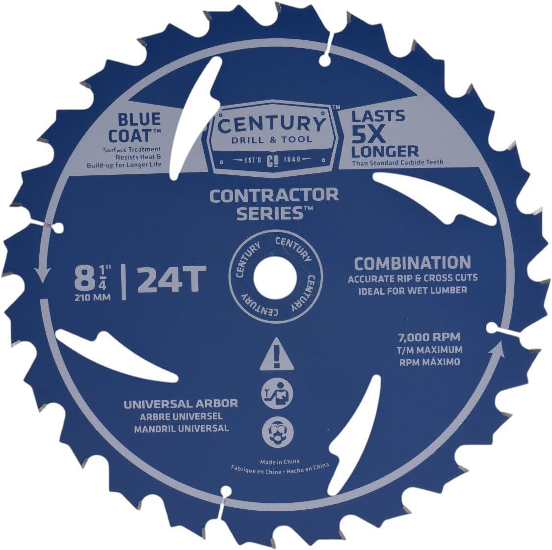 Century Drill & Tool 10283 8” 8-1/4" 24T Contractor Series Carbide Saw Blade, Thin Kerf, Heat Resistant, Non-Stick Coating, Durable, Precise
