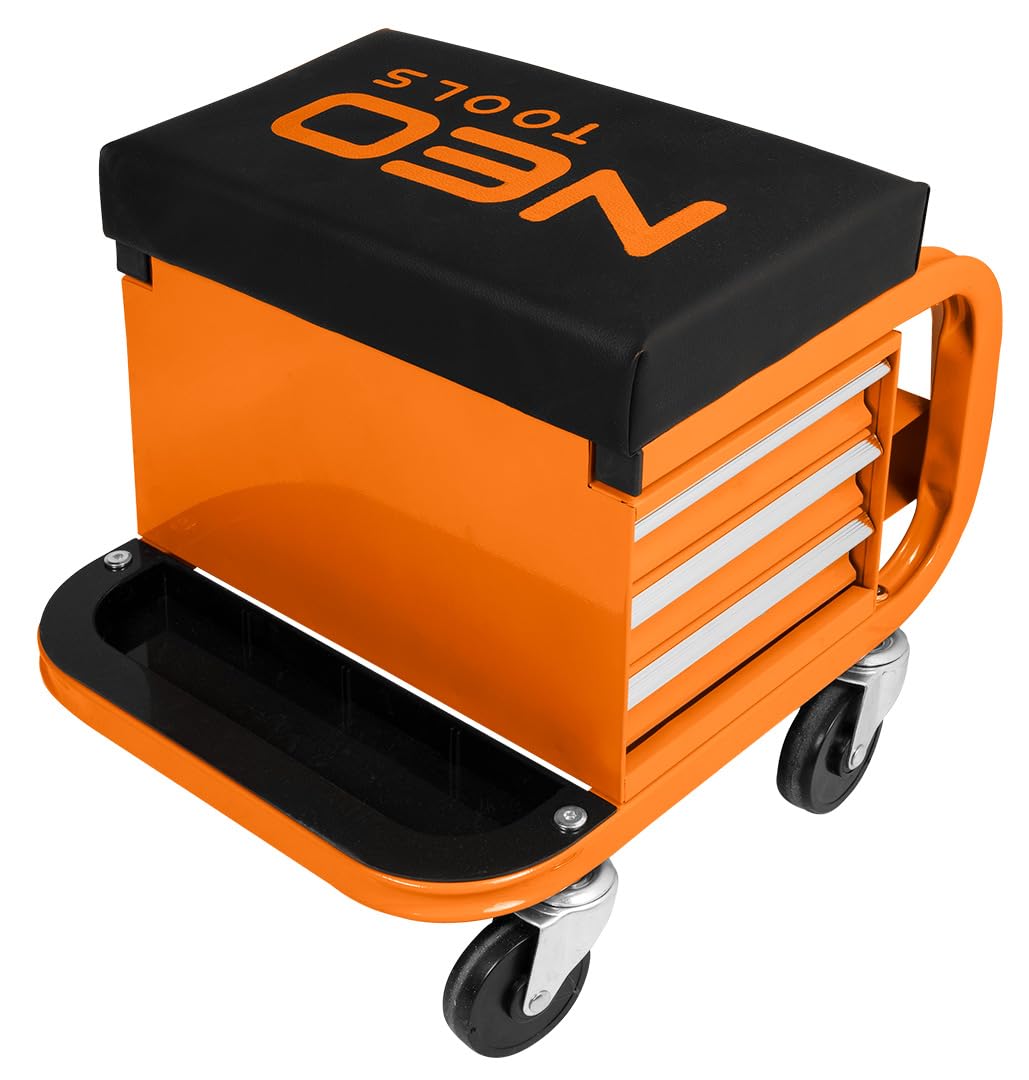 NEO TOOLS Werkstatthocker mit Ablagefläche 38 x 39 x 37 cm mit Rollen Werkstattwagen Werkzeugwagen Werkstatt-Rollsitz Werkstattsitz fahrbar mit 4 Rollen und 3 Ablagen
