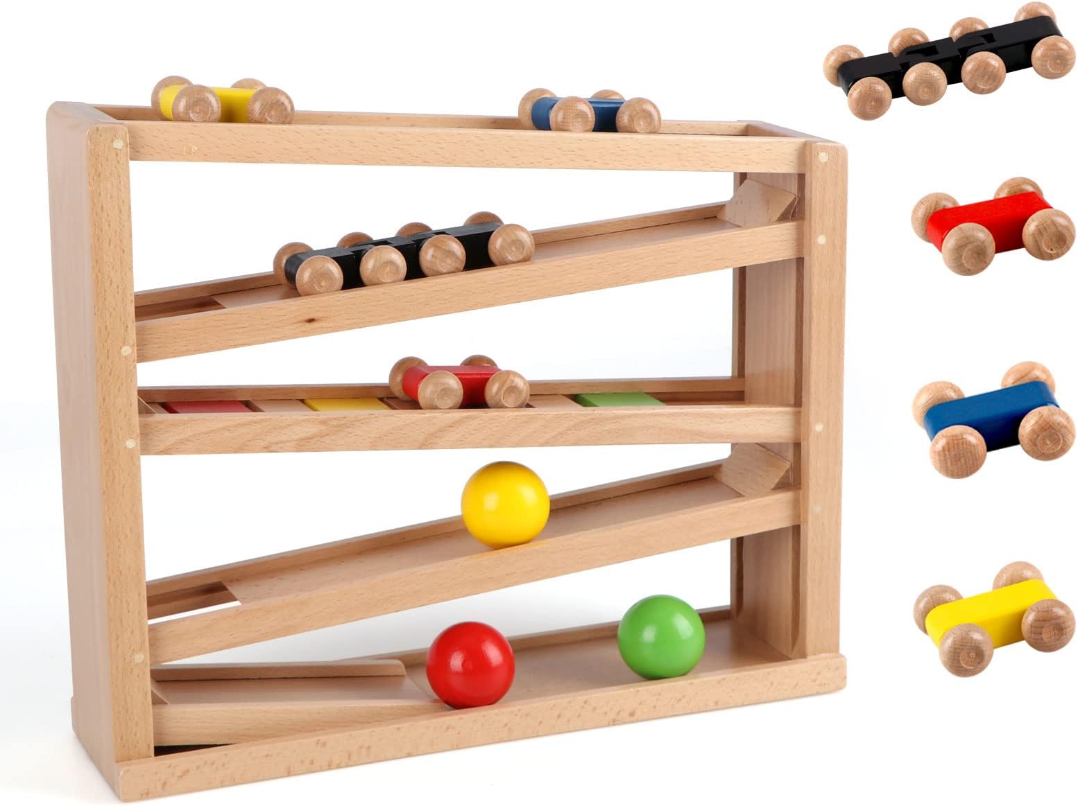 Qilay Wooden Race Track Car Ramp Racer Toy for Toddlers, 5 Level Race Car Ramp Toy Set Includes 4 Wood Cars and 3 Balls,Great Building Learning Toys or 3+ Years Old Boy and Girl