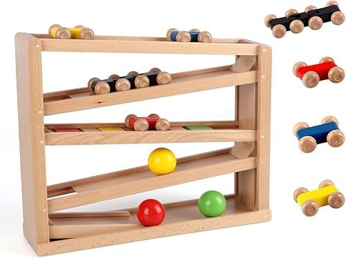 Qilay Juguete de carreras de madera para niños pequeños, juego de rampa de coche de carreras de 5 niveles incluye 4 autos de madera y 3 pelotas,