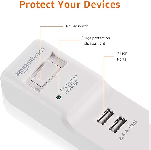 Miniatura 3 de Tienda Basics Regleta de protección contra sobretensiones rectangular de 6 salidas con 2 puertos USB, 1000 julios, blanco, 6 pies