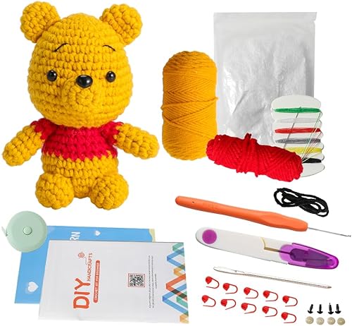 CORODER Juego de ganchillo para principiantes, adultos y niños, kit clásico de ganchillo Winnie con guía de video detallada, kit completo de