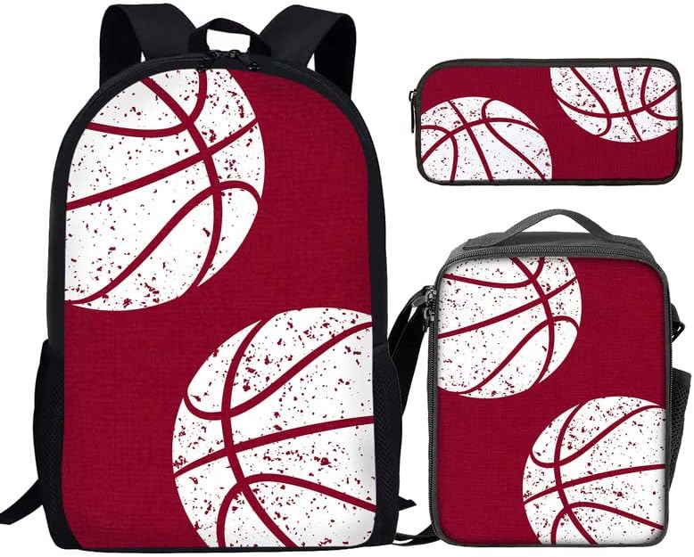 Bulopur Basketball Love Personalized Name & Number School Backpack for Kids Girls Boys 3 Pieces Set Bookbag + Lunch Box + Pencil Case