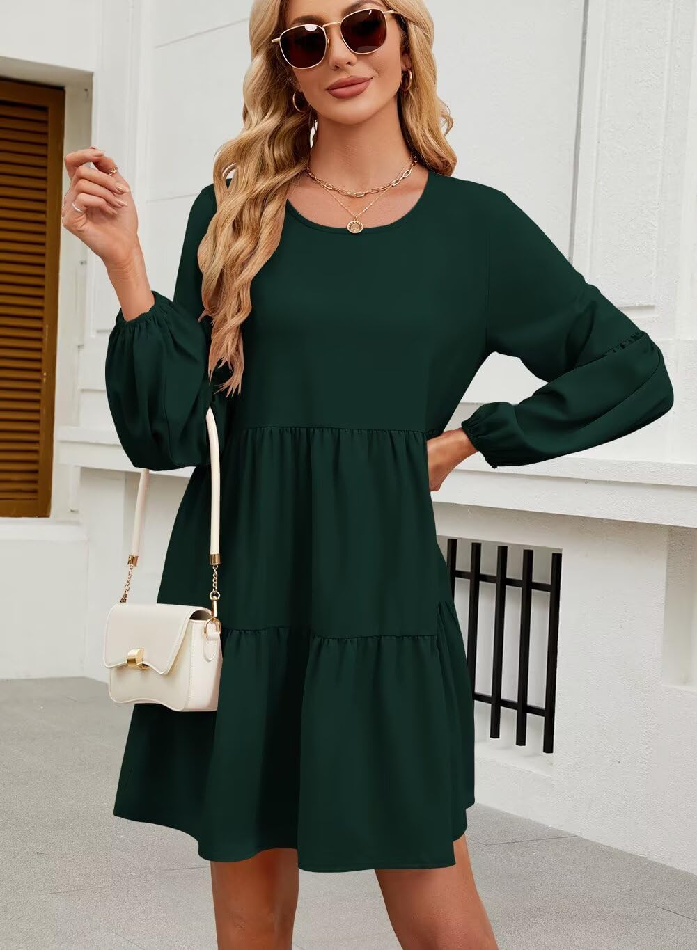 QACOHU Falll Dresses for Women 2026 Crew Neck Long Lantern Sleeve Casual Loose Flowy Swing Shift Dress - Image 4