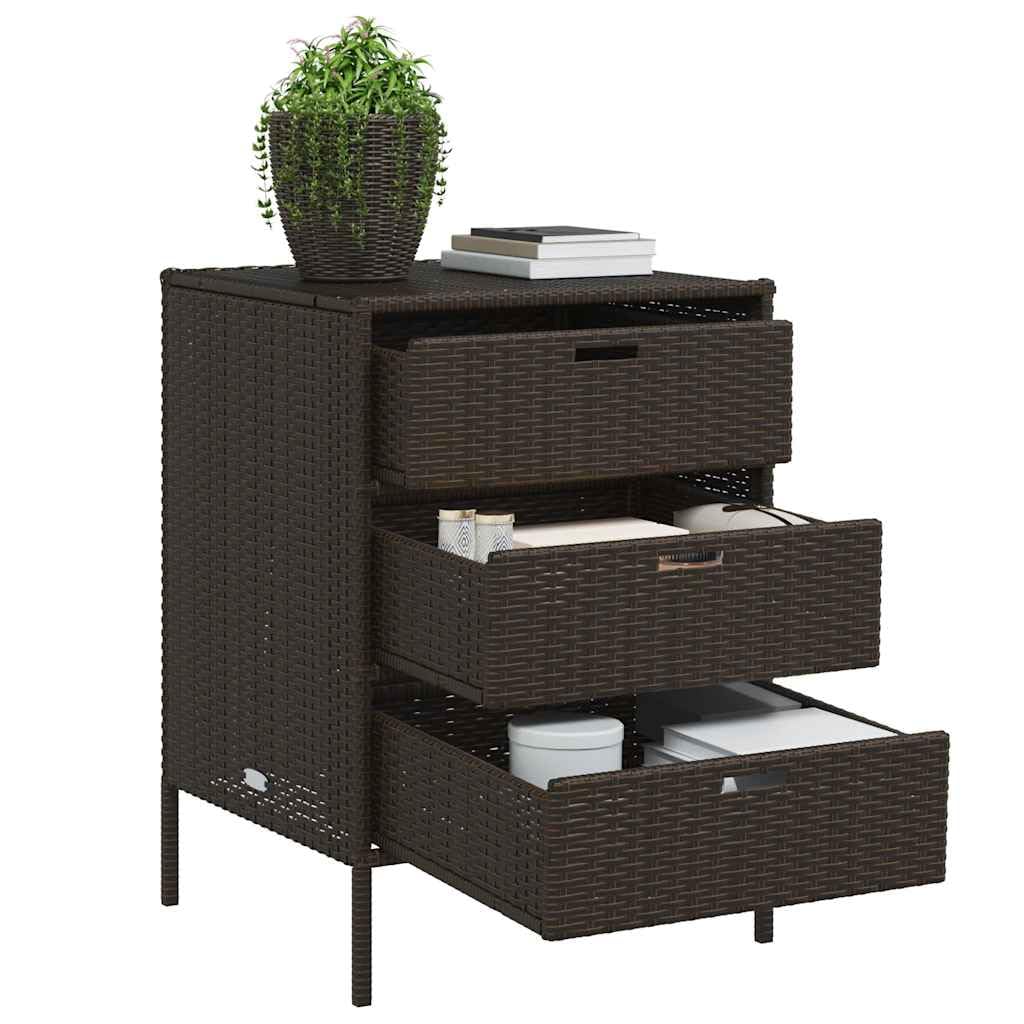 Gartenschrank Braun 55x59x80 cm Poly Rattan mit 3 Schubladen wetterfest stabil für Balkon Terrasse Outdoor, Stauraum für Kissen Auflagen Pool Zubehör und Gartenbox Organizer