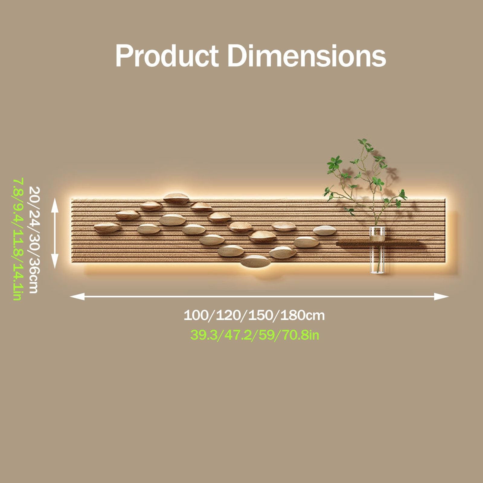 Sandstein-3D-Wandbild mit LED-Beleuchtung, großes dekoratives Gemälde für das Wohnzimmer, Wandskulptur mit Vasen und künstlichem Grün, Wandbild für Eingangsbereich/Flur (Stil 3, 180 x 36 cm