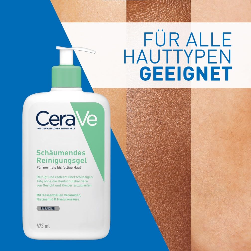 CeraVe Schäumendes Reinigungsgel für Gesicht und Körper, Feuchtigkeitsspendend und hautstärkend, Für normale bis fettige Haut, Mit Hyaluron und 3 essenziellen Ceramiden