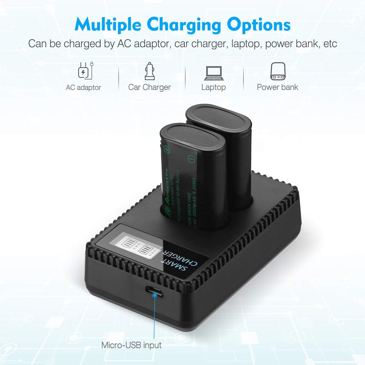 Powerextra Rechargeable Battery for Xbox One Xbox Series X|S 2600mAh 2 Pack Battery and Charger Controller Battery with Fast Charger for Xbox One Xbox One S Xbox One X Xbox One Elite