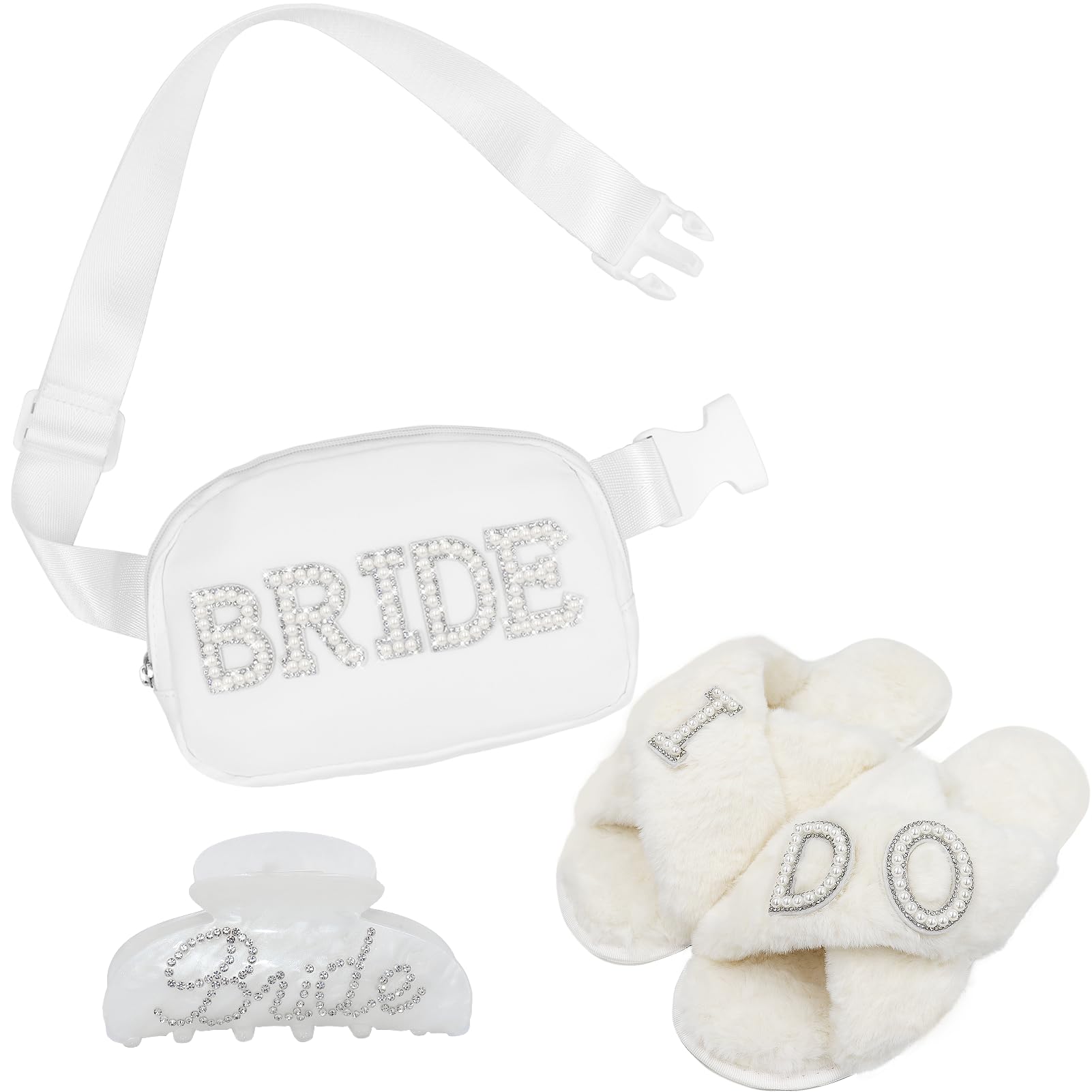 Lamyba 3Pcs Bride Gifts Set - Bachelorette Gifts for Bride Pearl Fanny Pack, Hair Claw Clip & "I DO" Slippers, Bachelorette Party Decorations