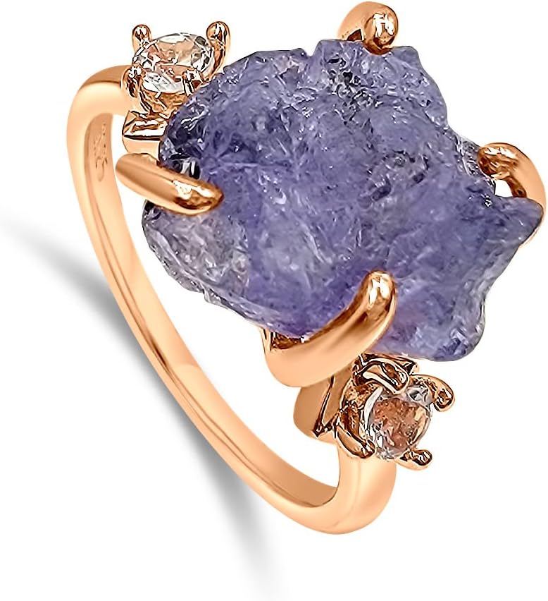 Raw Crystal Ring Birthstone Rose Gold and Quartz Solitaire Jewelry gift for her Christmas Mothers Day Birthday Valentine Statement Ring Gift Uniquelan Jewelry