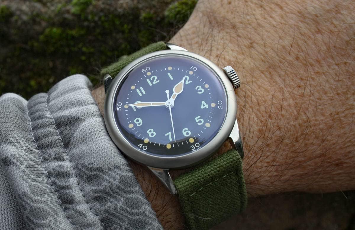 PRAESIDUS - A-11 Service Watch, Mens Automatic NH-35 Movement Self-Winding Mechanical Wrist Watch | Assembled in The USA | Military Watch Tom Rice A-11 (42mm) Black Dial / Green Strap