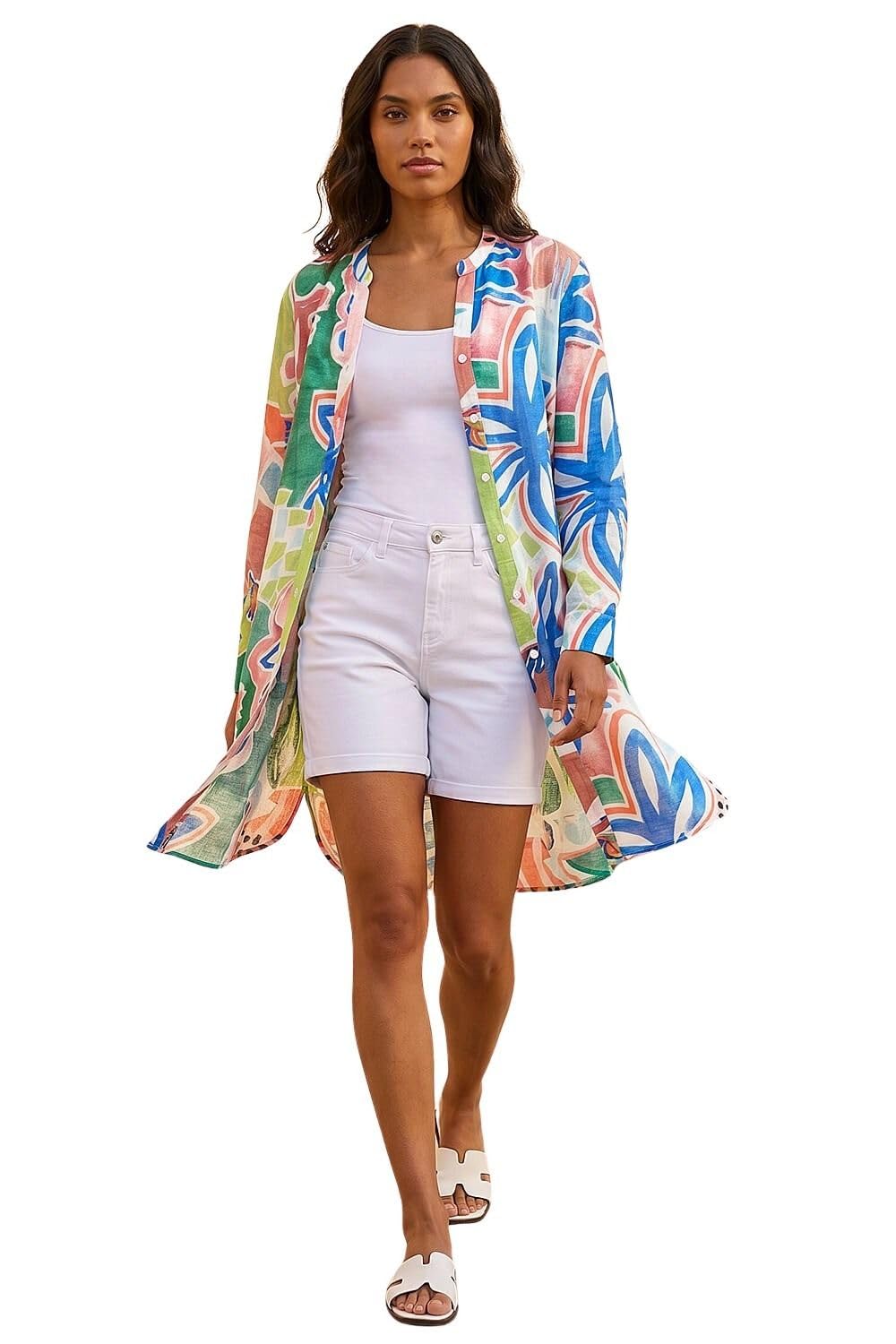 Roman Women's Multi Abstract Print Button Up Longline Blouse Size 18