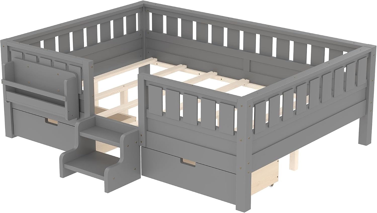 Bellemave Full Size Bed Frame with Storage Drawers & Bookshelf, Low Profile Kids Bed with Staircase & Full Length Guardrails, Solid Wood Full Size Bed Frame Kids with Slats Load 450 LBS, Grey