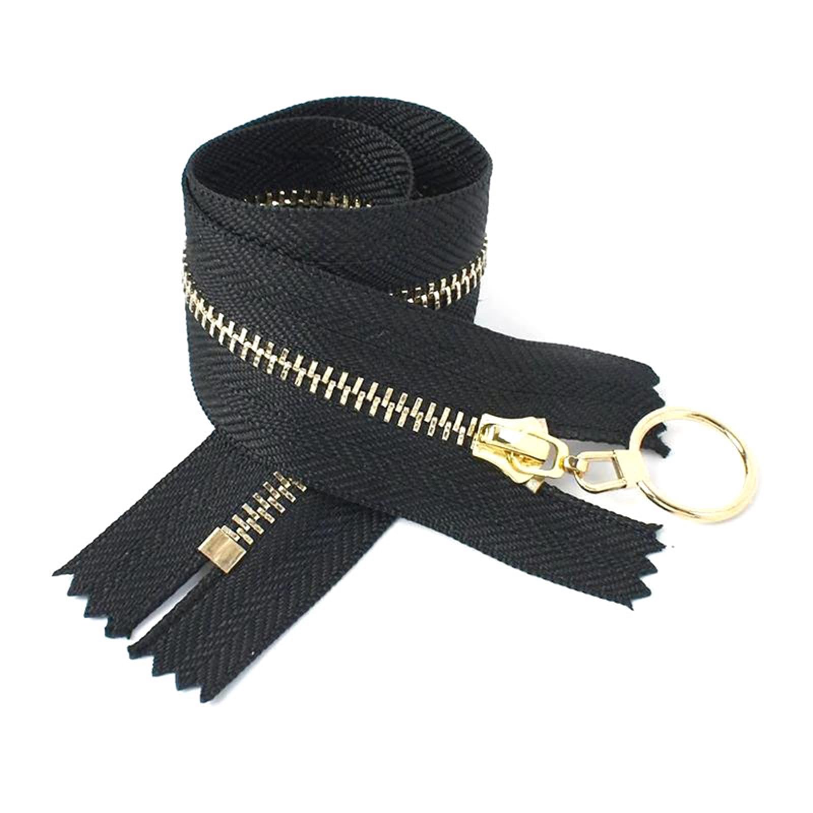 10Pcs 3# Metal Zipper Gold Teeth Zippers O Ring Puller Zippers, Black, 25Cm