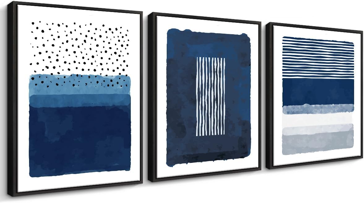 Creoate Blue Canvas Wall Art 3 Pieces - Abstract Blue White Painting Framed Print for Living Room Bedroom Decor Navy 16x24 Inch