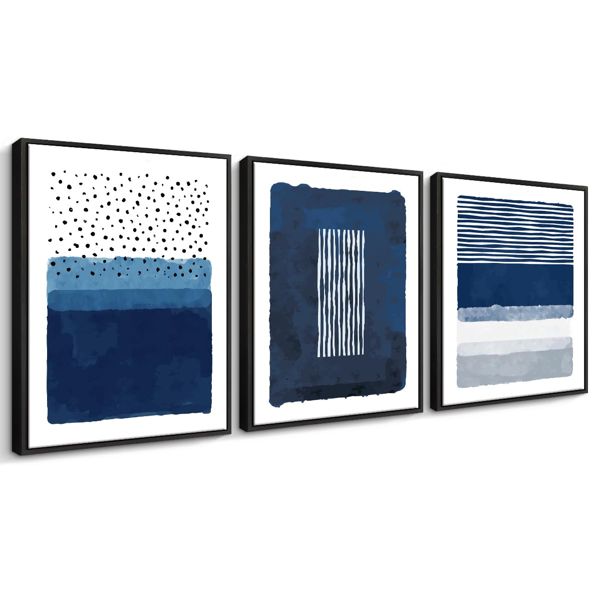 CREOATE Framed Wall Art, 3 Pieces Abstract Blue and White Painting Wall Art for Living Room Decor Framed Canvas Print Artwork Set for Bedroom Bathroom Decor, Ready to Hang (Black Framed)