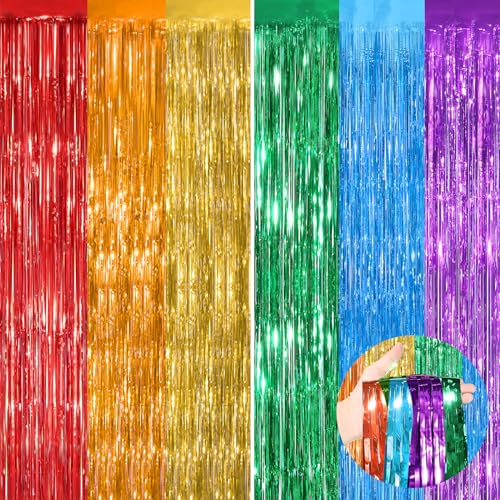 Rainbow Metallic Tinsel Foil Fringe Curtains, 2 Pack 3.3x8.3 Feet Party Streamer for Birthday Party Decorations, Halloween Decor, Foil Curtain for Christmas Party