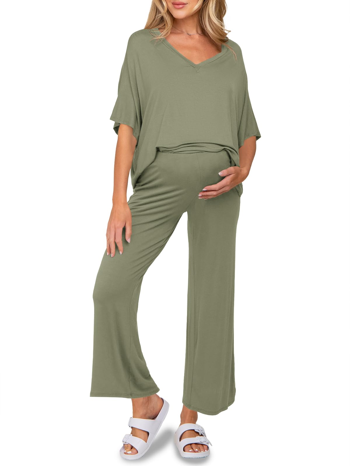 Womens Maternity Pajamas 2 Piece Lounge Set Soft Short Sleeve V Neck T-shirt Cropped Pants Pregnancy Loungewear-image-48