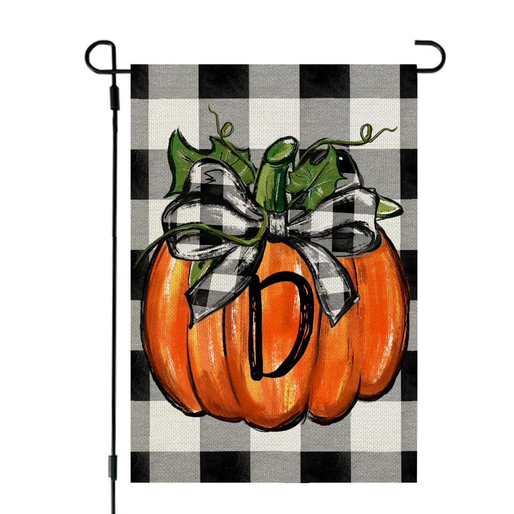 CROWNED BEAUTYFall Thanksgiving Pumpkin Monogram Letter D Garden Flag 12x18 Inch Double Sided Burlap Plaid Small Family Last Name Initial Yard Decoration CF1117-12