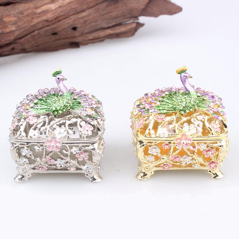HUFFA Peacock Art Ring Jewelry Box - Elegant Metal Enamel Storage Container for Home Decoration(White)
