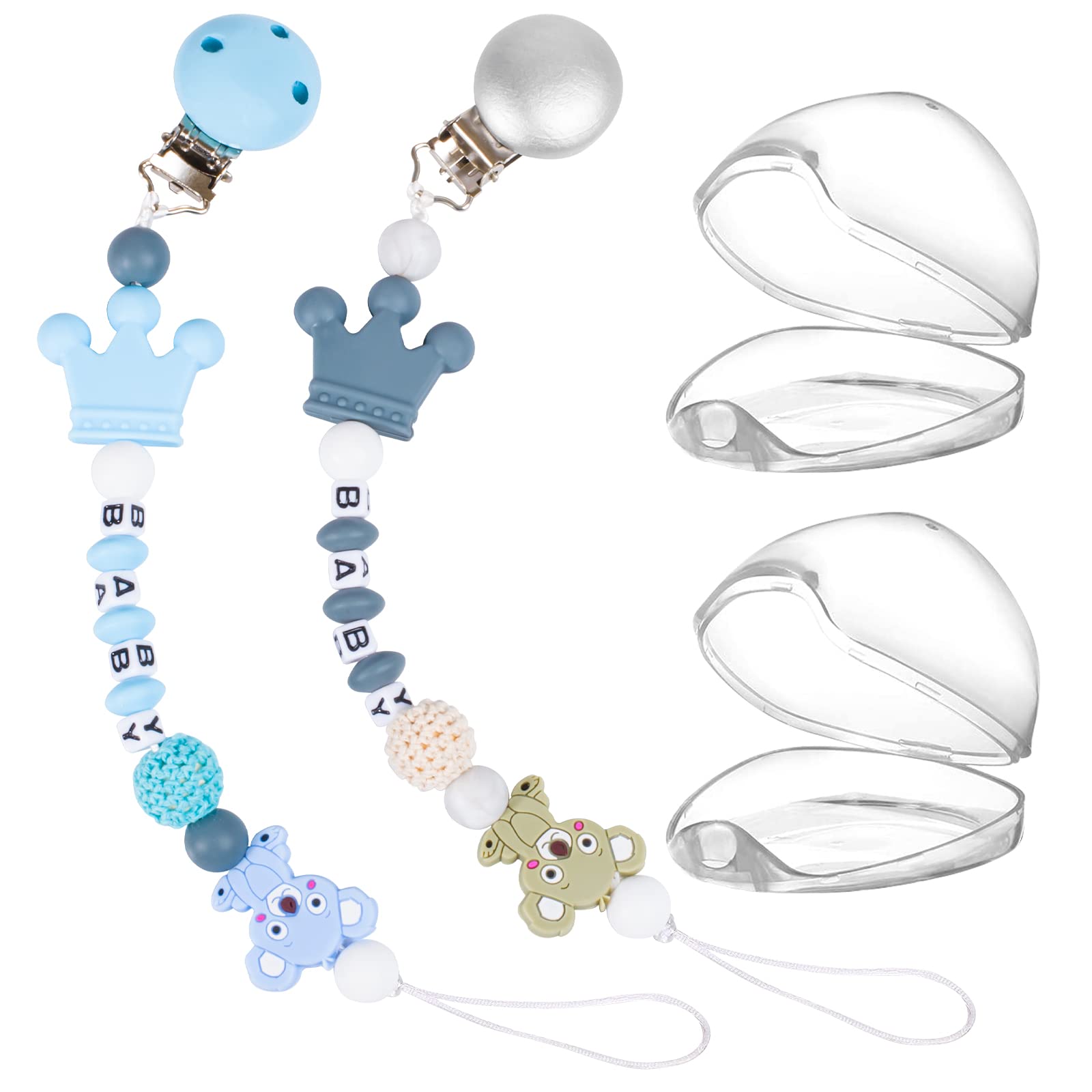 ARCHAEOPTERYX 4 Pieces Pacifier Clip and Pacifier Protect Case, Baby Boy and Girl's Pacifier Chain, Virtual Curved Teeth Molar Toy Strap Support, Shower, Newborn Gift Pacifier Chains (Grey/Blue)