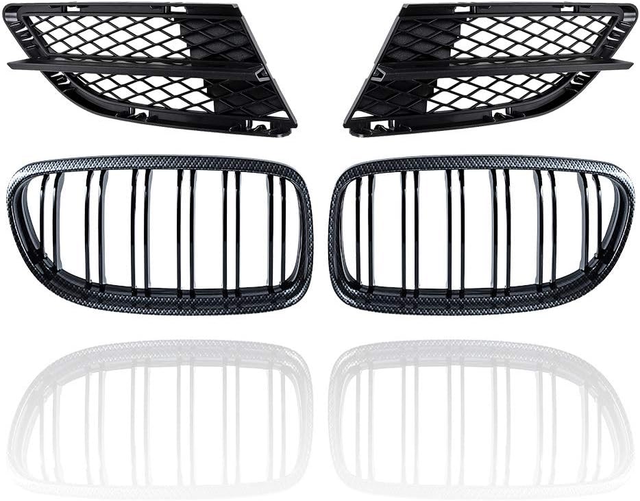 Front Carbon Fiber Center Kidney Grille Grill + Fog Lamp Lower Bumper Mesh Grille Compatible with 2009 2010 2011 BMW E90 E91 323i 325i 328i 330i 335i LCI Facelift 4-Door, Black