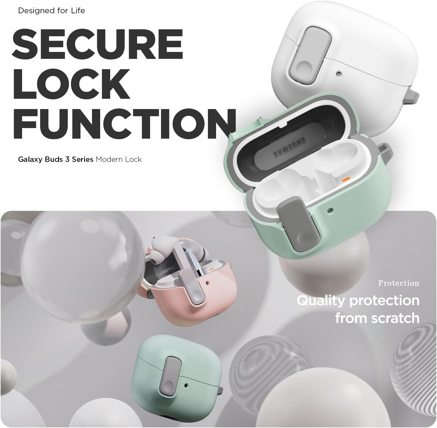 VRS DESIGN Modern Lock Case for Samsung Galaxy Buds 3 FE (2025), Buds 3 Pro & Buds 3 (2024), Samsung Galaxy Buds 3 / Buds 3 Pro Secure Cute Protective Cover (Sand Stone) [US Patent Registered]