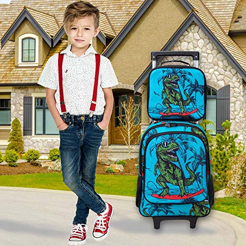 3PCS Mochila Rolante para Meninos, Mochila Dinossauro Infantil com Rodas - Mala Escolar Elementar