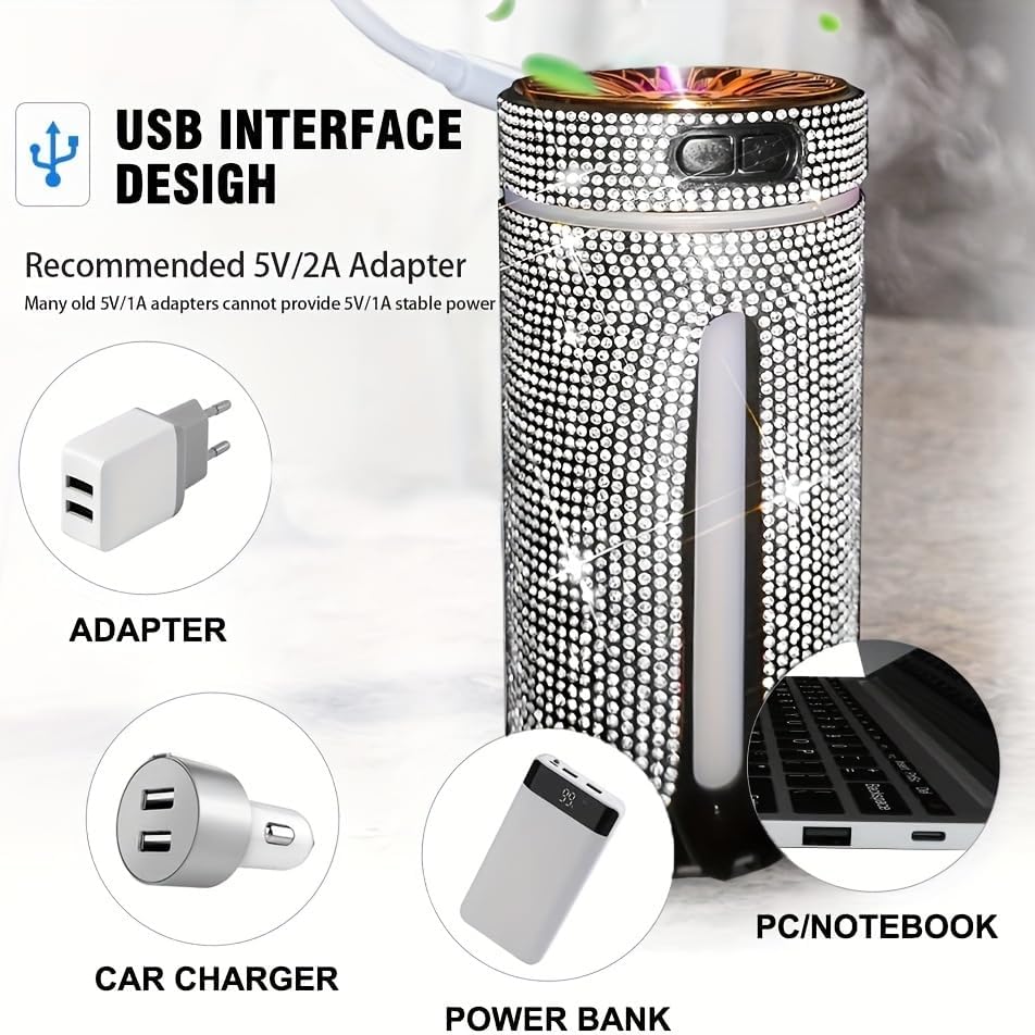 Miniatura 4 de Humidificador de coche con diamantes de imitación, humidificador USB de aceite esencial para coche, humidificador de aromaterapia, portátil, mini