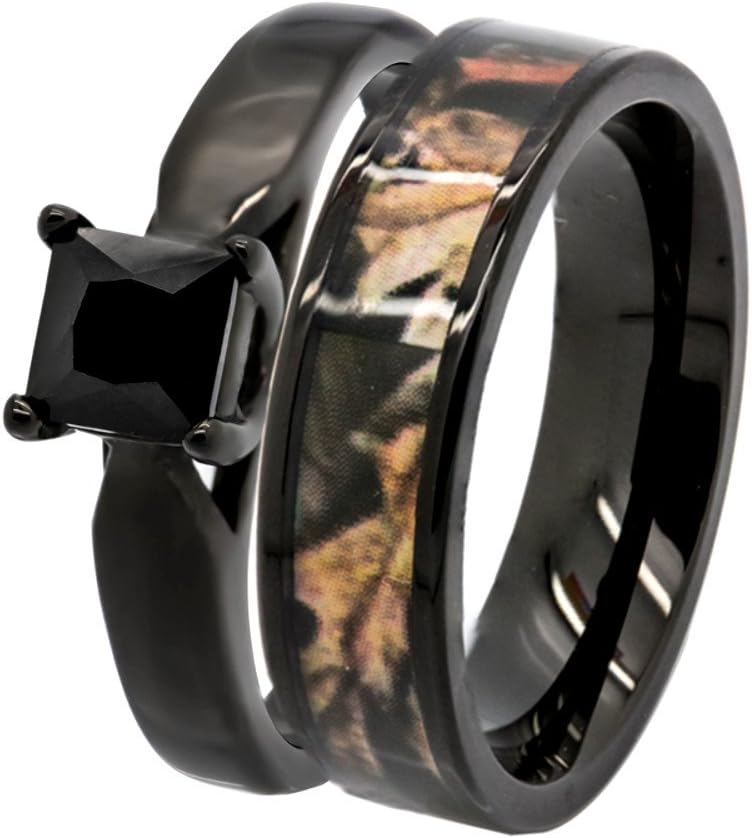 3 Pieces Wedding Engagement Ring Set for Him and Her – Black Spinel Engagement Ring for Her - Camo Black Plated Wedding Bands for Him and Her - Ideal for Daily Wear w/Wooded Inlay
