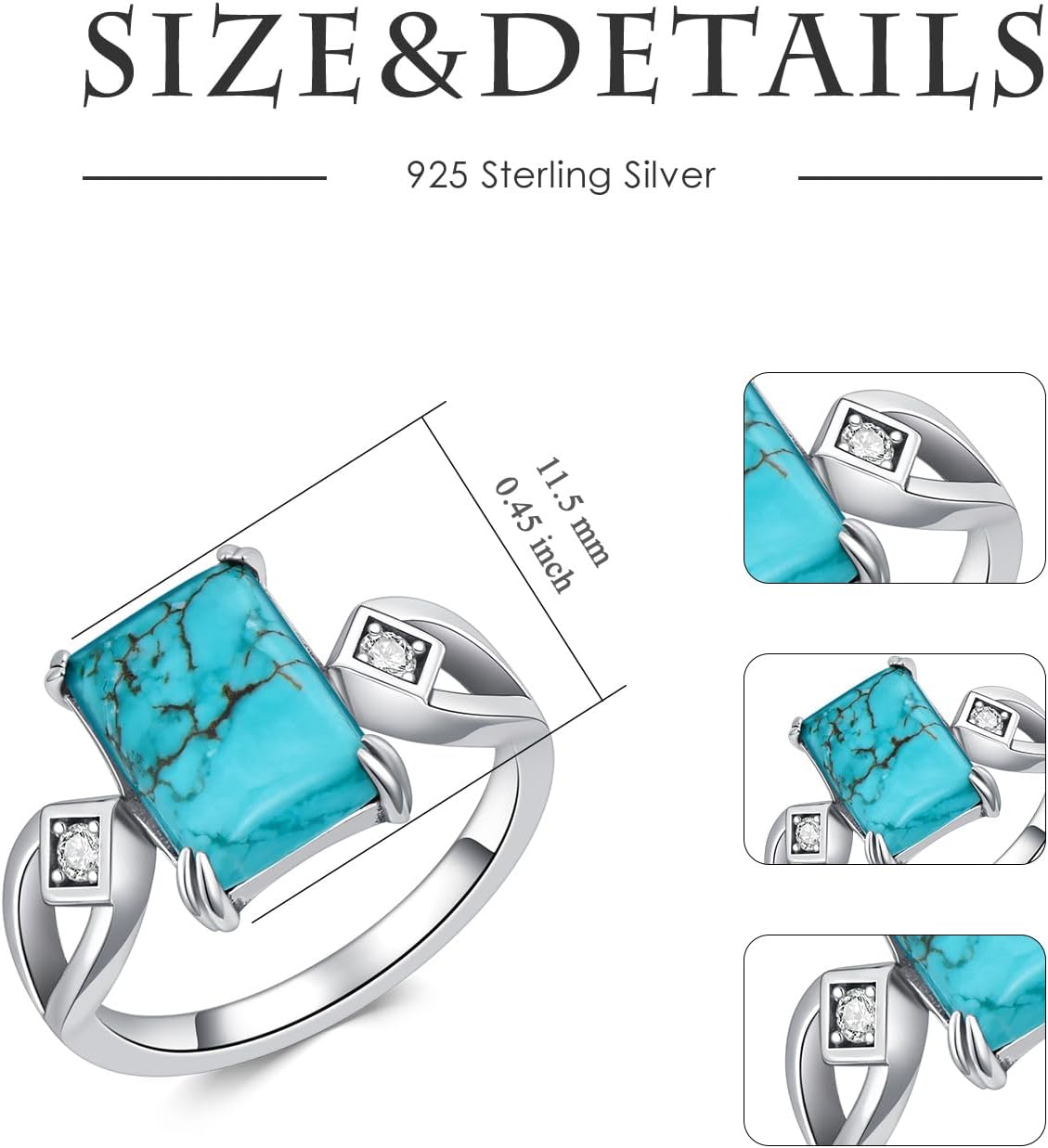 Natural Turquoise Ring for Women 925 Sterling Silver Genuine Rectangle Turquoise Ring Jewelry Gifts for Mom Wife