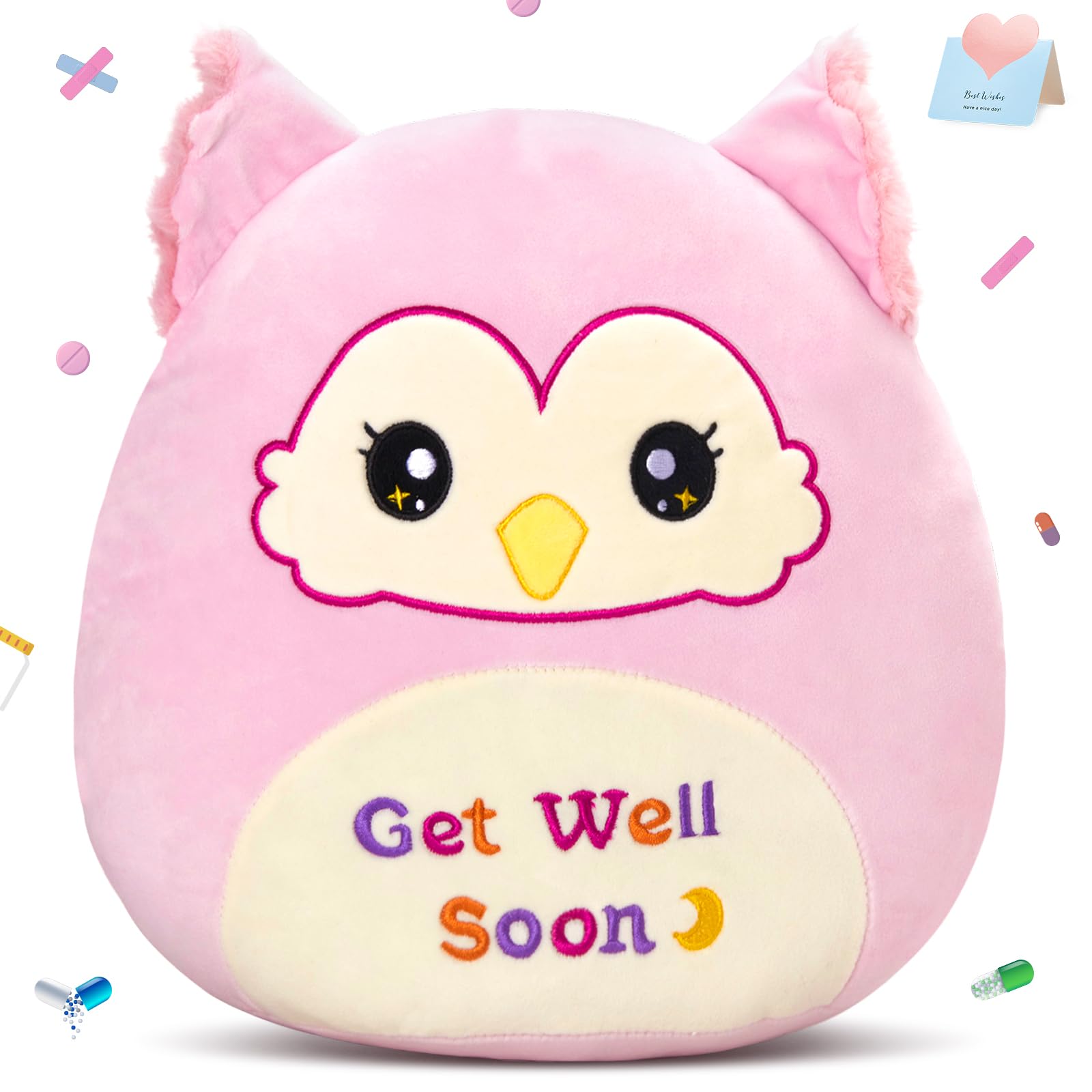 WEWILL Get Well Soon Owl Plush Pillow, 12 Inch, Soft Pink Owl Stuffed Animal for Comfort and Healing, Get Well Gift for Kids Girls