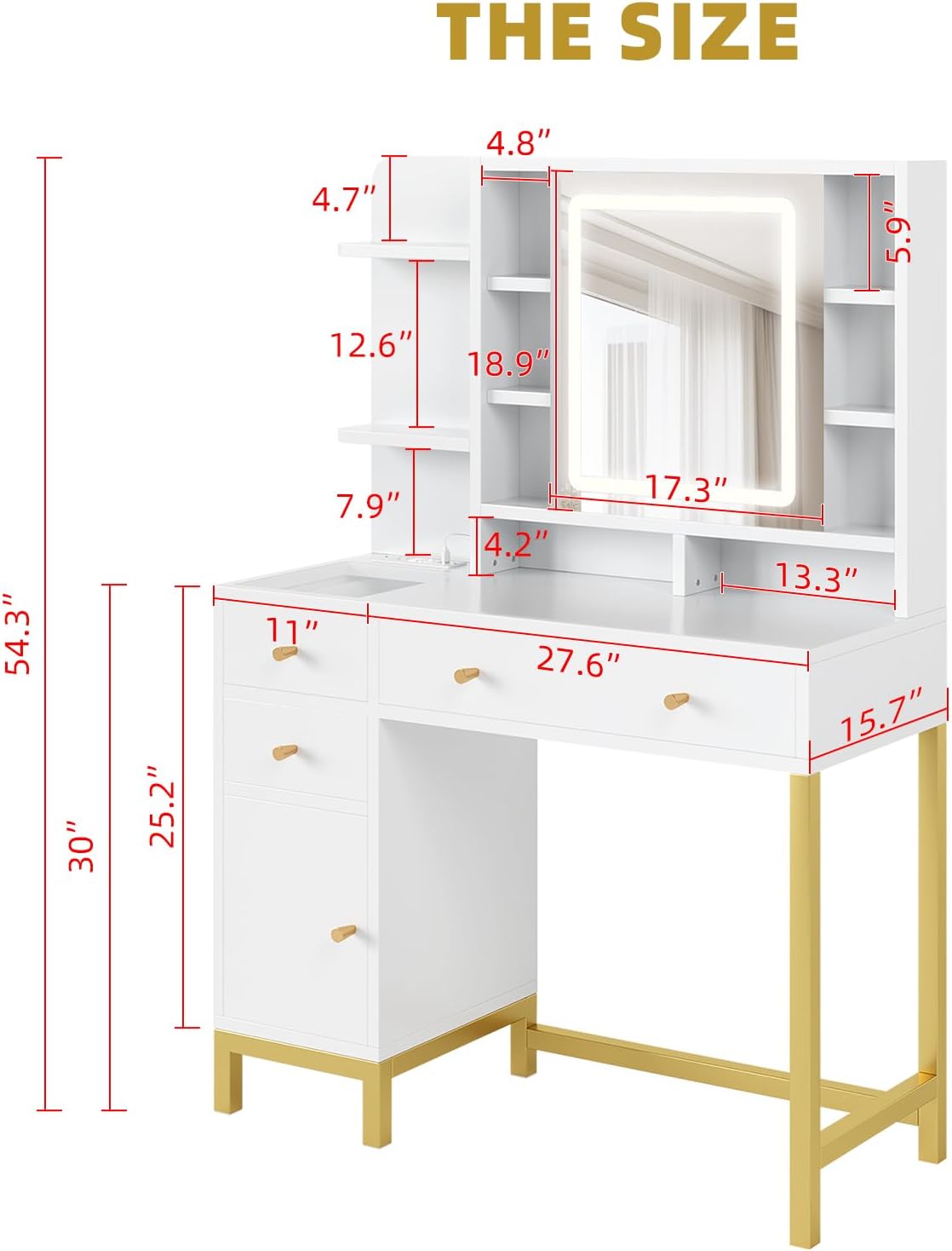 White Vanity Desk with Mirror and Lights, Makeup Desk Dressing Table with LED Lighted Mirror & Power Outlet,3 Lighting Color for Bedroom
