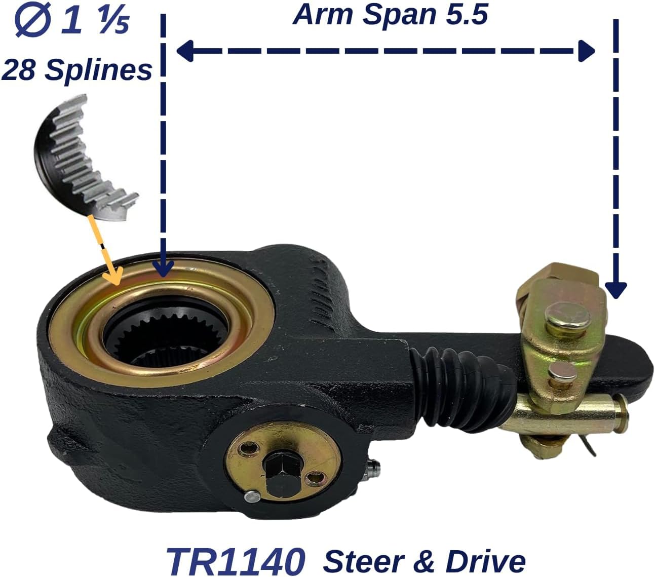 AS1140 Automatic Brake Slack Adjuster 1.5" Diameter, 28 Spline Teeth 5.5" Lever w/collar lock clevis (Replaces Meritor R801070 R801072 R801073 Freightliner Mack 1140) (TR1140)
