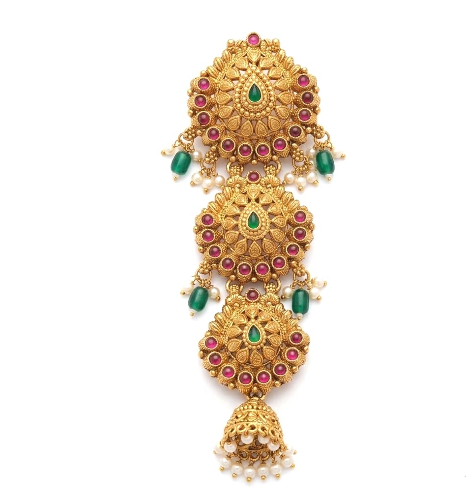 Traditional Temple Hair Brooch for Women | Antique Gold Plated Juda Pin with Ruby & Emerald Green Stones, Pearl Jhumka Dangler | Bridal Bun Hair Accessory for Wedding, Festive & Classical Dance Wear-image-12
