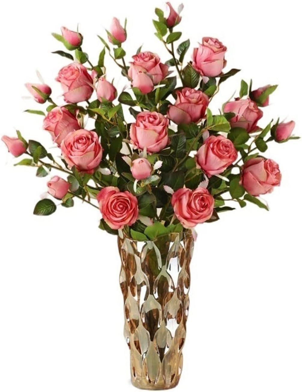 MYUYEE Fake Artificial Flowers Simulation Flower Arrangement Roze Rose Bouquet Dining Table Decoration With Glass Vase(A-One Size)