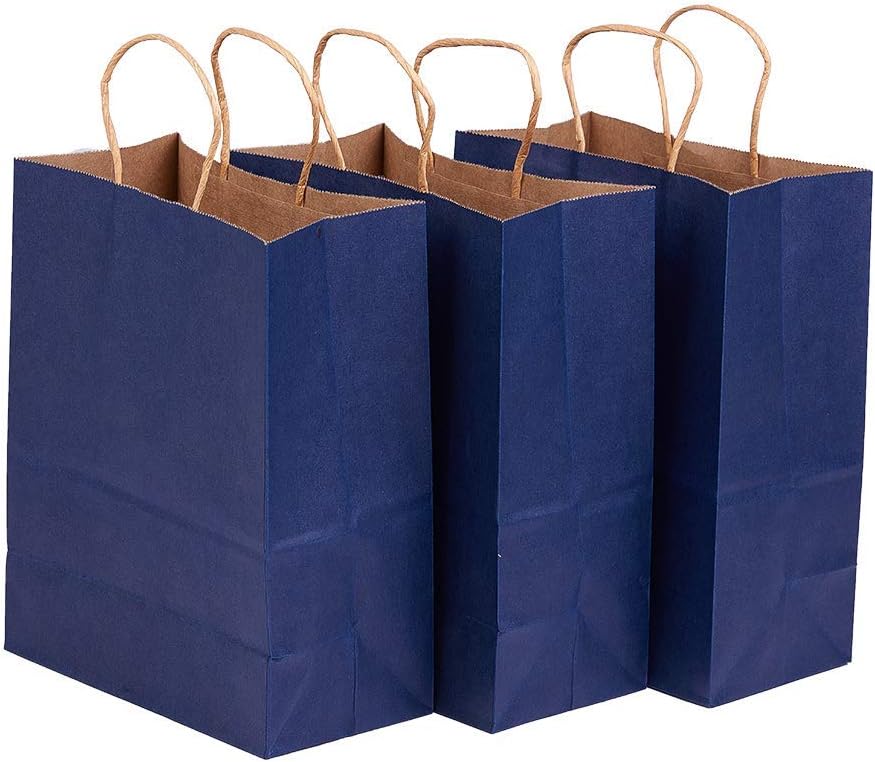 BENECREAT 30 Pack Dark Blue Kraft Paper Bags with Handle 8x4x10.5, Shopping Party Favor Bags for Birthday Wedding Party, Team Gift Packaging