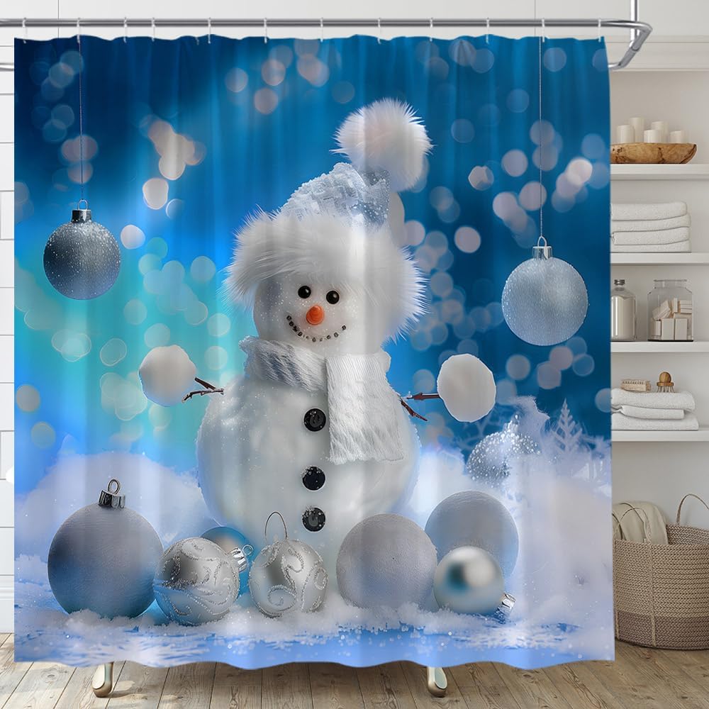 Cute Snowman Shower Curtain Silver Christmas Ball Blue Merry Xmas Winter Holiday Happy New Year Bathroom Curtain Set with Hooks(91" Wx70 H)