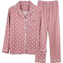 Chickwin Women Long Sleeve Button Up Pajamas Set Polka Dot Casual Comfortable Winter Pyjamas 2 Piece Ladies Fashionable Homewear Trousers Sleepwear