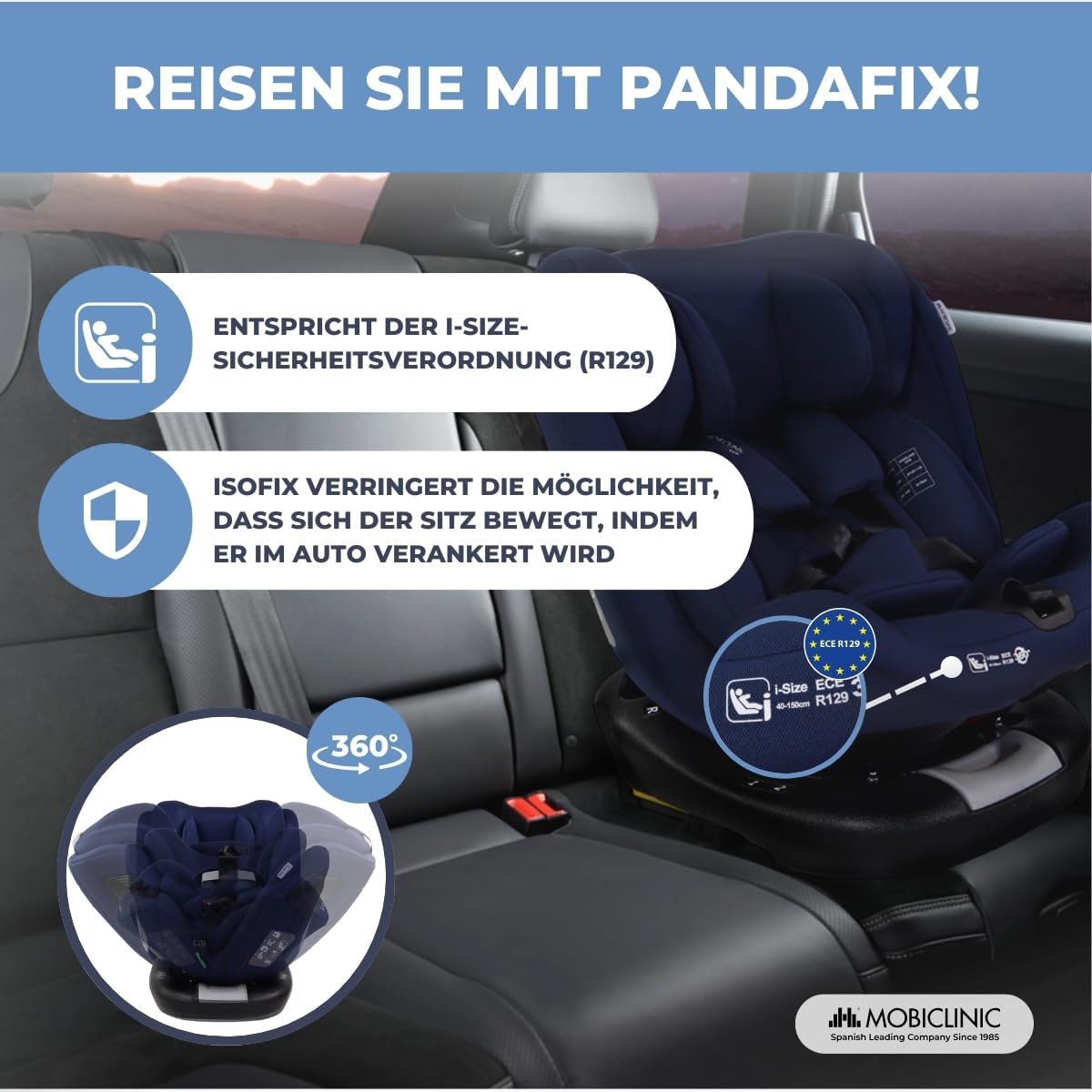 Mobiclinic®, Kindersitz, ISOFIX, 360°-Drehung, I-Size ECE R129, Top Tether, Gruppe 0/1/2/3, Kombinierbar, 0 bis 36kg, 5-Punkt-Gurt, 0–12 Jahre, Verstellbar, 3-fach verstellbare Rückenlehne, Pandafix
