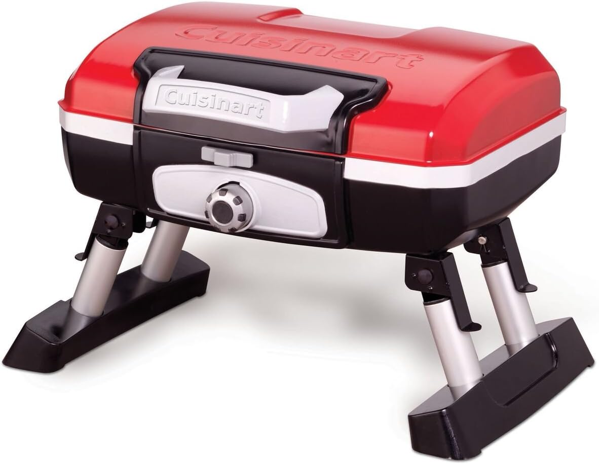 Petite Gourmet Portable Gas Grill, Compact Portable Grill Propane, 150 Sq. In. Cooking Surface, 5,500 BTU Burner Small Gas Grills for Camping, BBQ, Folding Legs and Carry Handles, Red